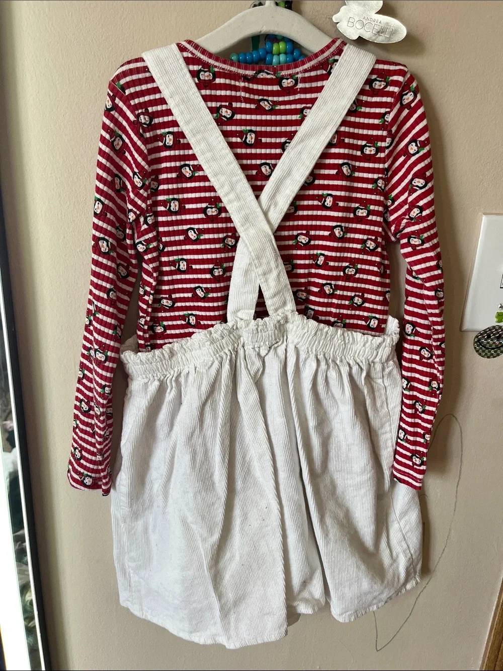 Children's Holiday Penguin Corduroy Pinafore Dress and Red Stripe Top Set